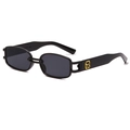 Vintage narrow black sunglasses with dark gray lenses and a golden logo detail - Black Frame Grey Lens