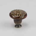 Vintage ceramic drawer knob with brown floral relief pattern and bronze base - High Base / Brown