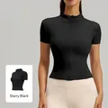 Slim fit starlight black short sleeve yoga jacket with full zipper and stand collar - S / Tops / Starry Black