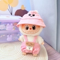 Pink plush doll outfit set featuring a hooded overall and hat for vinyl face pendants - Pink Bunny Hat + Pink Checkered Overalls / First And Second Generation Keychains Are Compatible With La Cloth Dolls. Dolls Not Included.