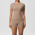 Detail of slim fit seamless yoga set featuring short sleeve T-shirt and high waist shorts - S / Mocha Brown