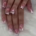 Pink French press-on nails with 3D white flowers and sparkling rhinestones - Bz1431 Drilled Edge White Feather / Glue Type