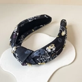 Black knotted Halloween headband with spider web pattern and gold rhinestone accents - D-Black Skull Rhinestone