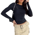 Slim fit black long sleeve t-shirt paired with beige utility mini skirt and wide belt - S / Tops / Black