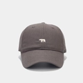 Close-up of white bear embroidery on charcoal grey cotton baseball cap with twill texture - Adjustable / Gray