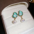 Vintage green leaf earrings with white pearls and gold accents in a jewelry box - Silver Earring Post Lotus Leaf Enamel Pearl Stud Earrings with Rhinestones