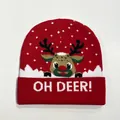 Christmas knit hat in red and white with a cartoon elk and OH DEER! text on the cuff - Style 3 (Red Reindeer OH DEER)