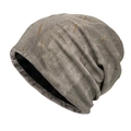 Distressed grey knit slouchy beanie with yellow contrast stitching and warm lining - M (56-58cm) / Gray