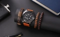 Men's business quartz watch set with brown leather strap and three matching bracelets - Brown