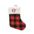 Red and black buffalo plaid Christmas stocking featuring an embroidered letter O on plush cuff - Letter O
