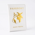 White PU leather passport cover featuring golden world map and happy travel design - White