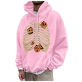 Pink fleece hoodie featuring creative Halloween ribcage and pumpkin graphic print - S / Tops / Pink