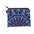 Mandala print coin purse with purple floral patterns and metal keychain ring - Purple Blue Mandala