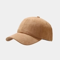 Detailed close-up of brown suede baseball cap featuring neat stitching and six-panel crown - Camel