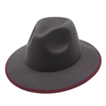 Classic dark grey wool fedora hat with burgundy ribbon trim and flat brim for men and women - M (56-58cm) / Gray