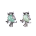 Green crystal owl pendant earrings in vintage silver finish with feather details - Green Aventurine
