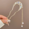 Épingle à cheveux en U dorée avec pampille papillon et strass arc-en-ciel - Épingle à Cheveux Croissant de Lune avec Strass Dégradés Frange et Perle Artificielle (47#)
