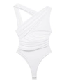 Detailansicht des weißen One-Shoulder-Bodys mit eleganten asymmetrischen Falten aus Netzstoff - S / Weiß