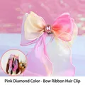 Rainbow gradient bow hair clip with pink faux gemstone and long ribbons for girls - Pink Gem Streamer Hair Clip (A190-13)