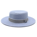 Close-up of flat top straw hat featuring light blue weave and striped ribbon detail - M (56-58cm) / Sky Blue