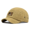 Short brim mustard yellow plaid 5-panel baseball cap with premium brown leather patch - Khaki