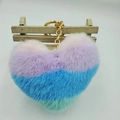Faux fur heart keychain with pink purple and mint green gradient and gold ring - Gradient Stripe 1