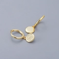Detailed view of S925 silver golden hoop earrings with embossed cat coin pendant - Round Surface Earrings - Gold