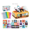 Educational yellow bus tissue box toy for babies with colorful scarves and cloth books - School Bus / 16-Piece Set (1 Box + 3 Plush Tissues + 12 Scarves)