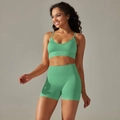 Detail of mint green seamless yoga set with breathable knit sports bra and high-waist shorts - S / Top And Bottom / Cami Bra + Shorts / Light Green