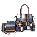 Marine-taupefarbenes 4-teiliges Taschen-Set mit Karomuster und Katzen-Anhänger - Blau