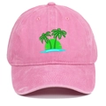 Close-up of pink baseball cap featuring detailed embroidered coconut tree and sunset design - Pink