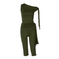 Women's chic olive green two-piece set with one-shoulder top and slim-fit shorts - Green