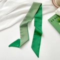 Green checkered skinny scarf with floral accents and satin finish for hair and bags - Small Grid Green