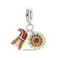 Silver charm featuring a reddish-brown witch boot and sunflower with orange enamel - PAC1373-Witch Shoe & Sunflower Dangle Set