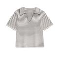 Schwarz-weiß gestreiftes Kurzarm-Polo-Oberteil für Damen mit V-Ausschnitt und Textur - S / Tops