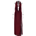 Detail view of deep red evening gown featuring cowl neck and high side slit - S / Burgundy