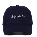 Navy blue cotton baseball cap with white SQUAD embroidery on a plain white background - Adjustable / Navy Blue