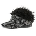 Ethnic paisley baseball cap with black fluffy curly wig hair for funny outdoor sports - Adjustable / Black