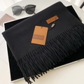 Thick black cashmere-feel winter scarf with classic fringe edges and leather brand label - 26# Special Black
