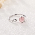 S925 silver open ring featuring a pink strawberry quartz stone and cute cat ear design - Cat Style with Pink Stone (WG0-0008) / Silver