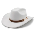 Detail van witte western cowboyhoed met bruine lederen band en gouden metalen gesp - M (56-58cm) / Wit