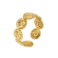 Macro detail of 18k gold plated adjustable ring featuring religious Om symbol embossed discs - Embossed Symbol Disk Vintage Open Ring / Gold