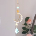 Golden crescent moon suncatcher with rainbow crystal beads and faceted prism pendant - White Crystal