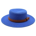 Detail of royal blue boater hat weave with double-layered brown leather band accent - Sapphire Blue