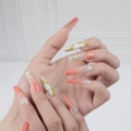 Long coffin-style press-on nails with peach ombre and glitter heart marble designs - Pink White Gradient Heart Marble (Jelly Gel Style)(CBLCY-41)