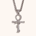 Collana con ciondolo a croce Ankh e serpente argento con strass su catena intrecciata - Ciondolo Serpente Catena Intrecciata / Argento