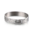 Polished silver stainless steel bangle with Greek meander cutout and pavé cubic zirconia - Greek Key Style (KB120862-KFC)