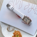 Square rose gold quartz watch with white leather strap and elegant pearl ring set - White