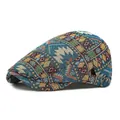 Vintage bohemian flat cap with colorful geometric pattern and metal side buckle - Blue
