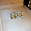 Macro view of gold crown-shaped earrings with iridescent aurora faux pearls on velvet - 3# Silver Needle / Gold (Standard Mermaid Luster)